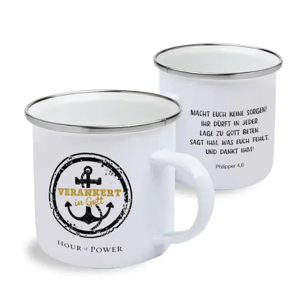 Emaille-Tasse "Verankert in Gott"